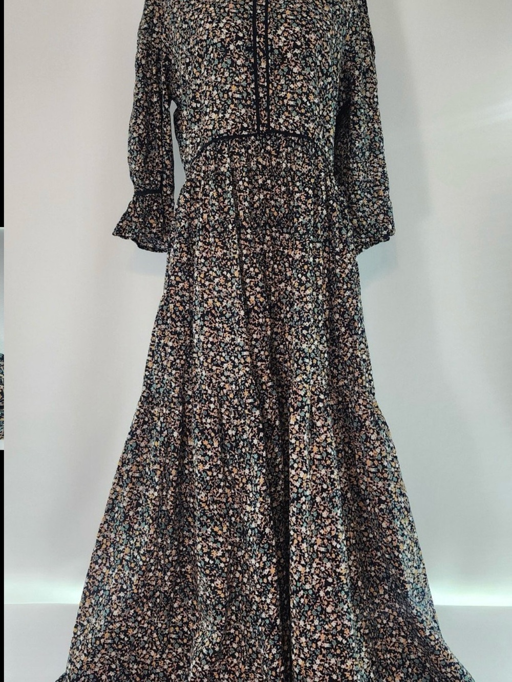 Mirth Black Floral Maxi Dress with Cream & Blue Flowers